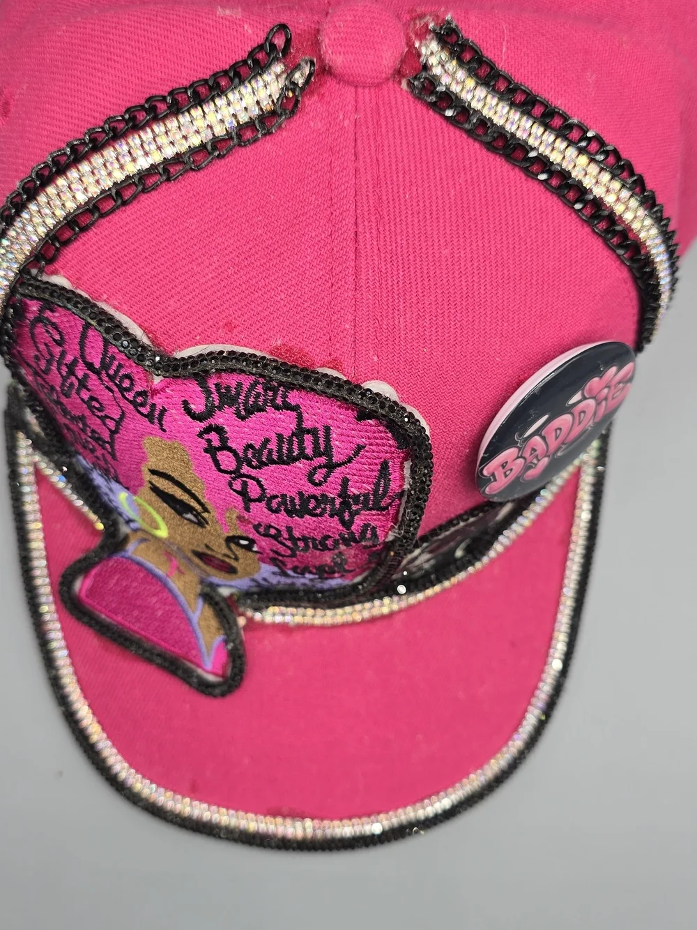 Women's Hot Pink Embroidered Trucker Cap with Decorative Patch